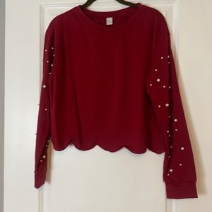 Red/Maroon scalloped bottom crop sweater with pearl arm detail